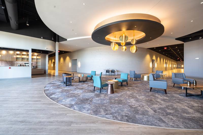The lobby at the Ovation Center is one of the features of the new facility that Senior Services of Will County has opened in Romeoville. April 19, 2024.