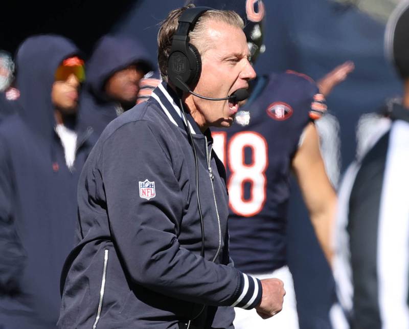 Chicago Bears head coach urges on his team during their game against the Las Vegas Raiders Sunday, Oct. 22, 2023, at Soldier Field in Chicago.