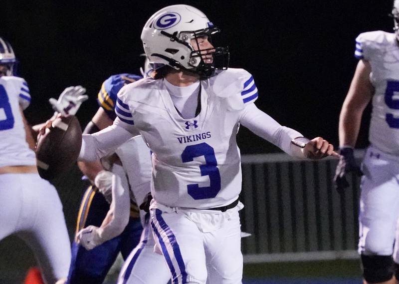 Geneva’s Nate Stempowski (3) sits in the pocket and looks downfield against Wheaton North during a football game at Wheaton North High School on Friday, Oct. 6, 2023.