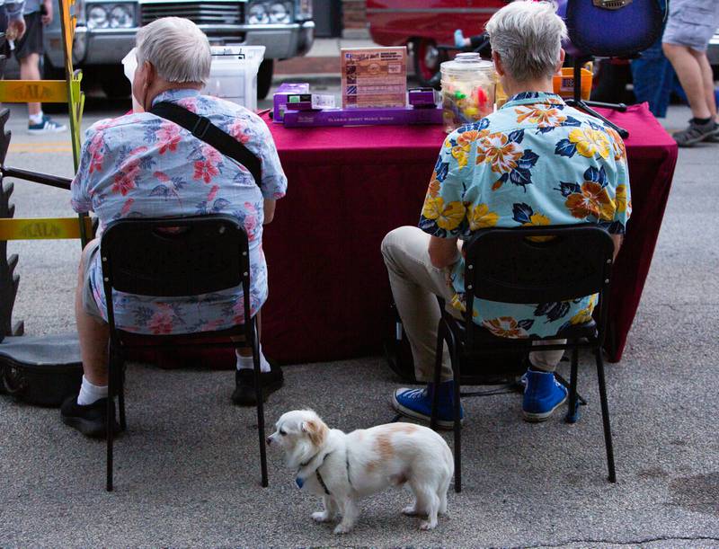 Jon Kostal Sr. (left) and son Jon Kostal Jr. sit at their family business’ booth, “Uncle Jon’s Music” with their dog Kevin Bacon during Cruisin’ Night in downtown Westmont, Thursday, June 6, 2024.

Suzanne Tennant/ For Shaw Local News Media
