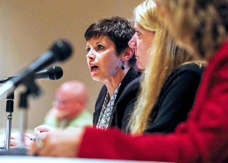 Mercyhealth Vice President Jeni Hallatt makes a statement at the Health Facilities and Service Review Board hearing for the Mercy hospital that plans to build in Crystal Lake Tuesday, June 20, 2017 in Bolingbrook. There were presentations of support and opposition while the board members determined how to decide on this $80 million facility.