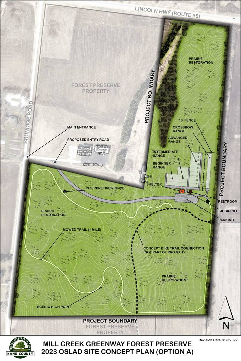 The proposed plan includes a multi-skill level archery range, shelter, restroom, parking lot and interpretive nature trails. Two plans (Option A and Option B) will be available for mark-up at the Sept. 7, 2022 meeting, and the public is encouraged to share their comments. Pictured above is Option A.