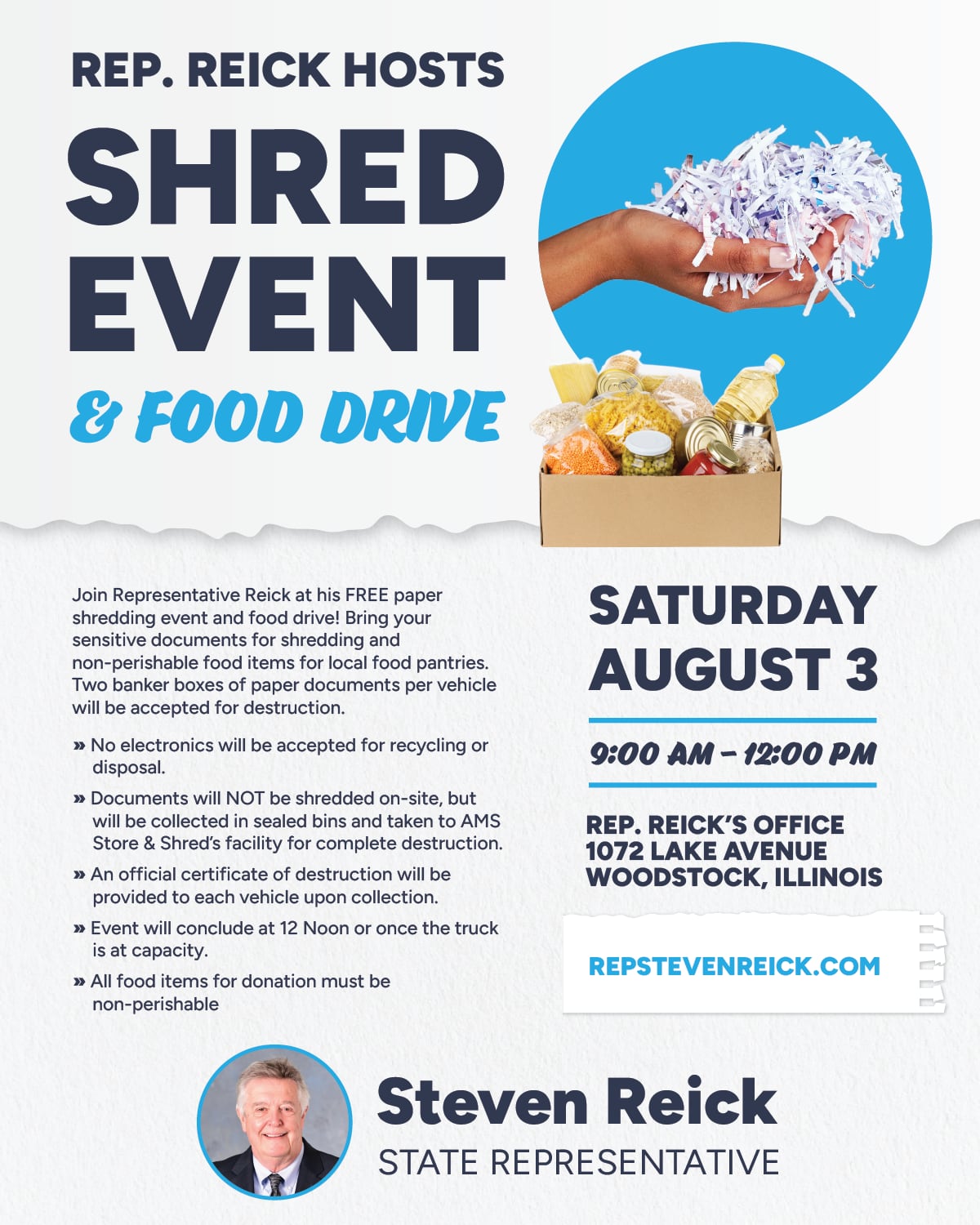 State Rep. Steve Reick will host a free food drive and paper-shredding event from 9 a.m. to noon on Saturday, Aug. 3, 2024, at his district office, 1072 Lake Ave. in Woodstock.