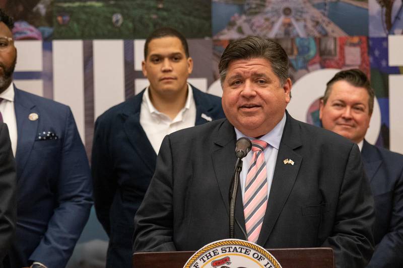 Gov. JB Pritzker speaks to reporters at a Monday, July 10, 2023, news conference celebrating the continued recovery of the tourism industry.