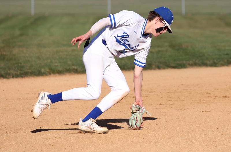 Hinckley-Big Rock’s Skyler Janeski fields a ball at shortstop Monday, April 8, 2024, during their game against Newark at Hinckley-Big Rock High School.