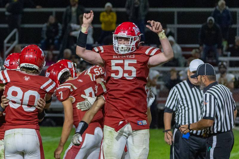 Jacob Mongan of Hall celebrates first down on Friday, October 18, 2024 at Richard Nesti Stadium in Spring Valley.