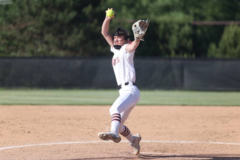 Lincoln-Way Central’s Lisabella Dimitrijevic delivers a pitch against Lincoln-Way East in the Class 4A Lincoln-Way Central Sectional semifinal on Wednesday, May 29, 2024 in New Lenox.