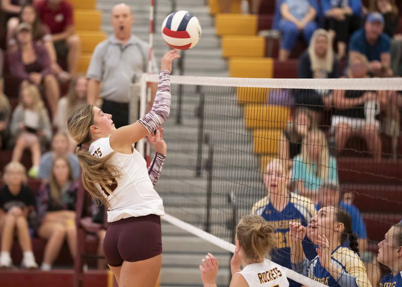 Richmond-Burton's Daniella Mazzola spikes the ball during their game against Johnsburg on Monday, August 26, 2024 at Richmond-Burton High School in Richmond.