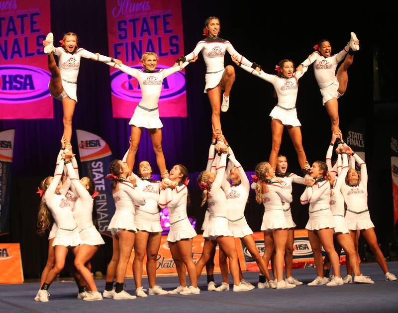 Members of the Lincoln-Way Central High School cheer team perform during the IHSA Cheer State Finals in Grossinger Motors Arena on Saturday, Feb. 4, 2023 in Bloomington.