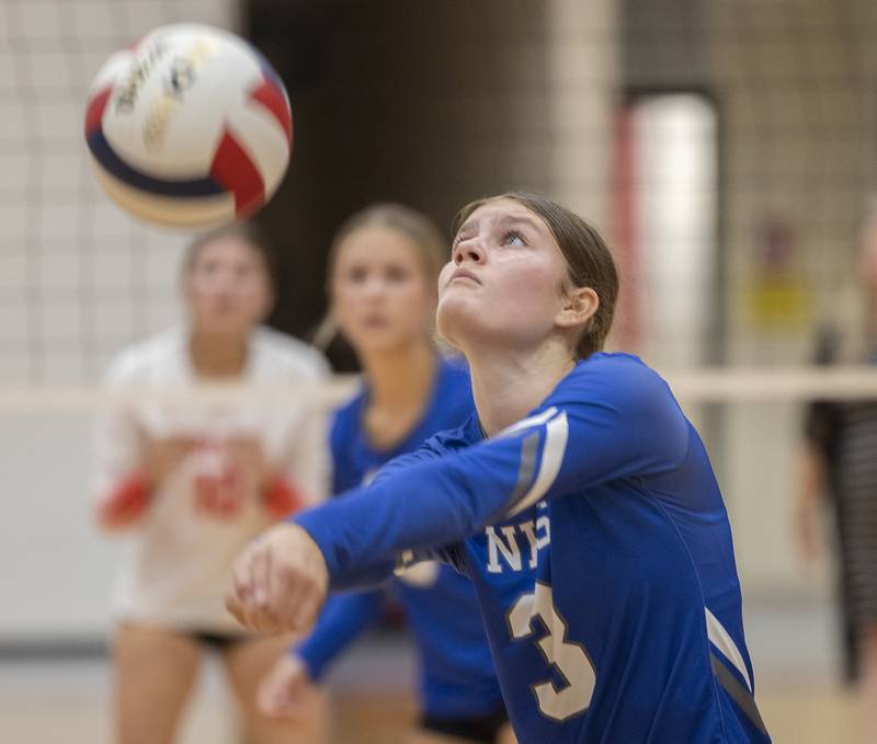 Newman’s Lauren McClain plays a shot against Oregon Thursday, Sept. 12, 2024, at the Blackhawk Center in Oregon.