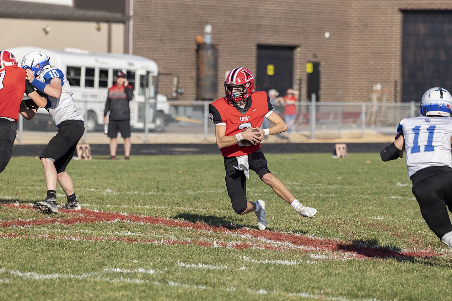 Amboy’s Tucker Lindenmeyer looks for yards in the second quarter of the Clippers’ first round playoff game Saturday, Oct. 29, 2022 against Blue Ridge.