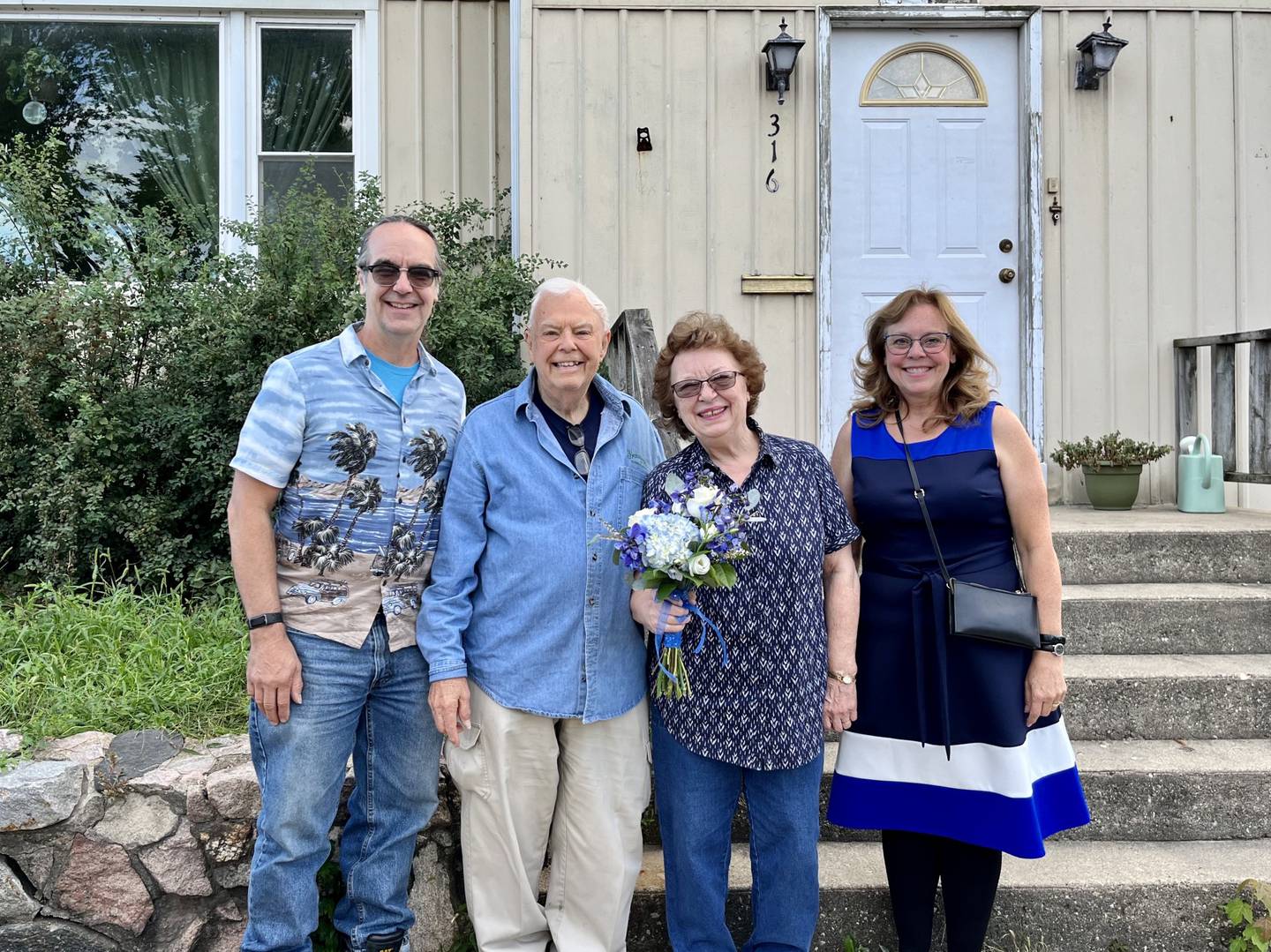 Life-long Batavia residents Ronn and Pat Pittman (Center) celebrated their 65th wedding anniversary with their children Sue Avila (Right) and Rick Pittman (Left) outside the place they were married on Sept. 6, 2024, the former Christian Church  at 316 E. Wilson St. in Batavia.