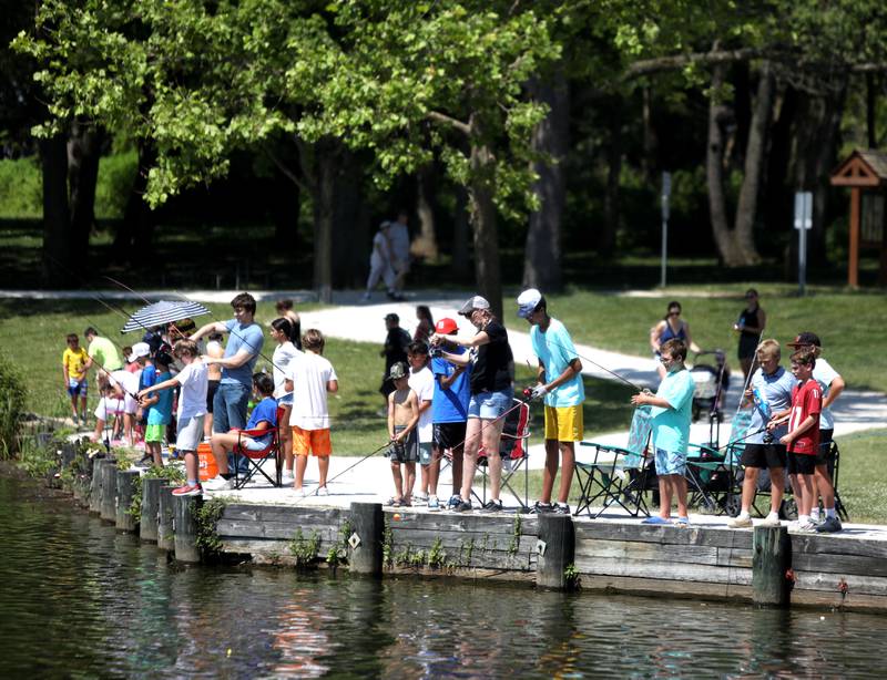 Patrons fish at Herrick Lake Forest Preserve during the DuPage Forest Preserve Police Cops and Bobbers event in Wheaton on Wednesday, June 19, 2024.