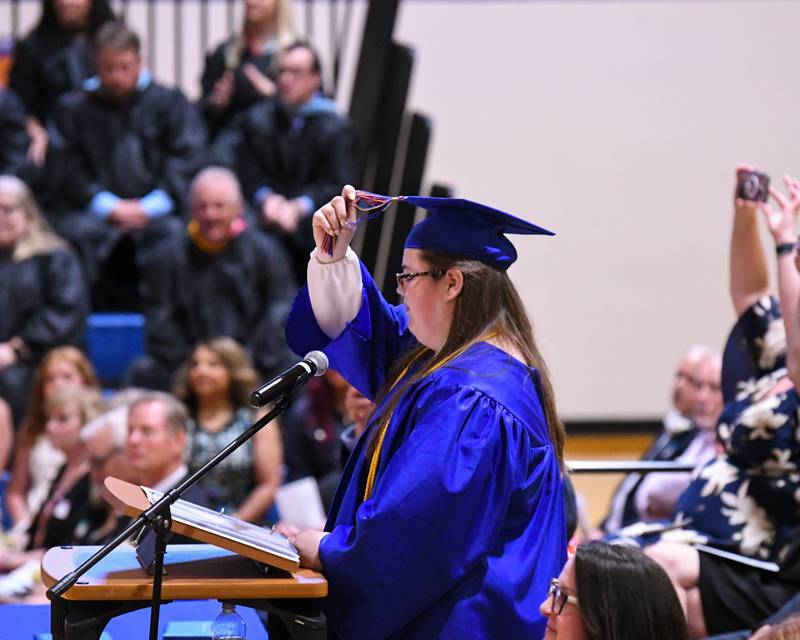 Genoa-Kingston senior Steffini McGowell leads the Class of 2024 in turning their tassels during graduation on Saturday, May 18, 2024, held at Genoa-Kingston High School, 980 Park Ave., Genoa.