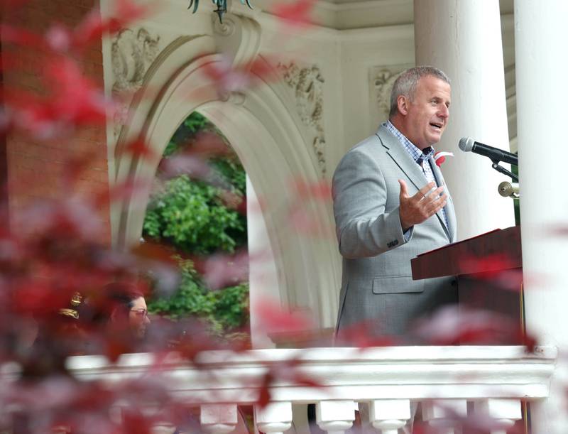 DeKalb Mayor Cohen Barnes speaks Monday, May 27, 2024, during the DeKalb Memorial Day program at Ellwood House.