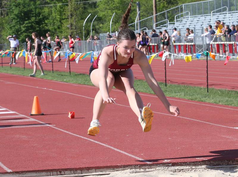 Morris's Hannah Linn competes in the triple jump during the Interstate 8 conference track meet on Friday, May 3, 2024 at the L-P Athletic Complex in La Salle.