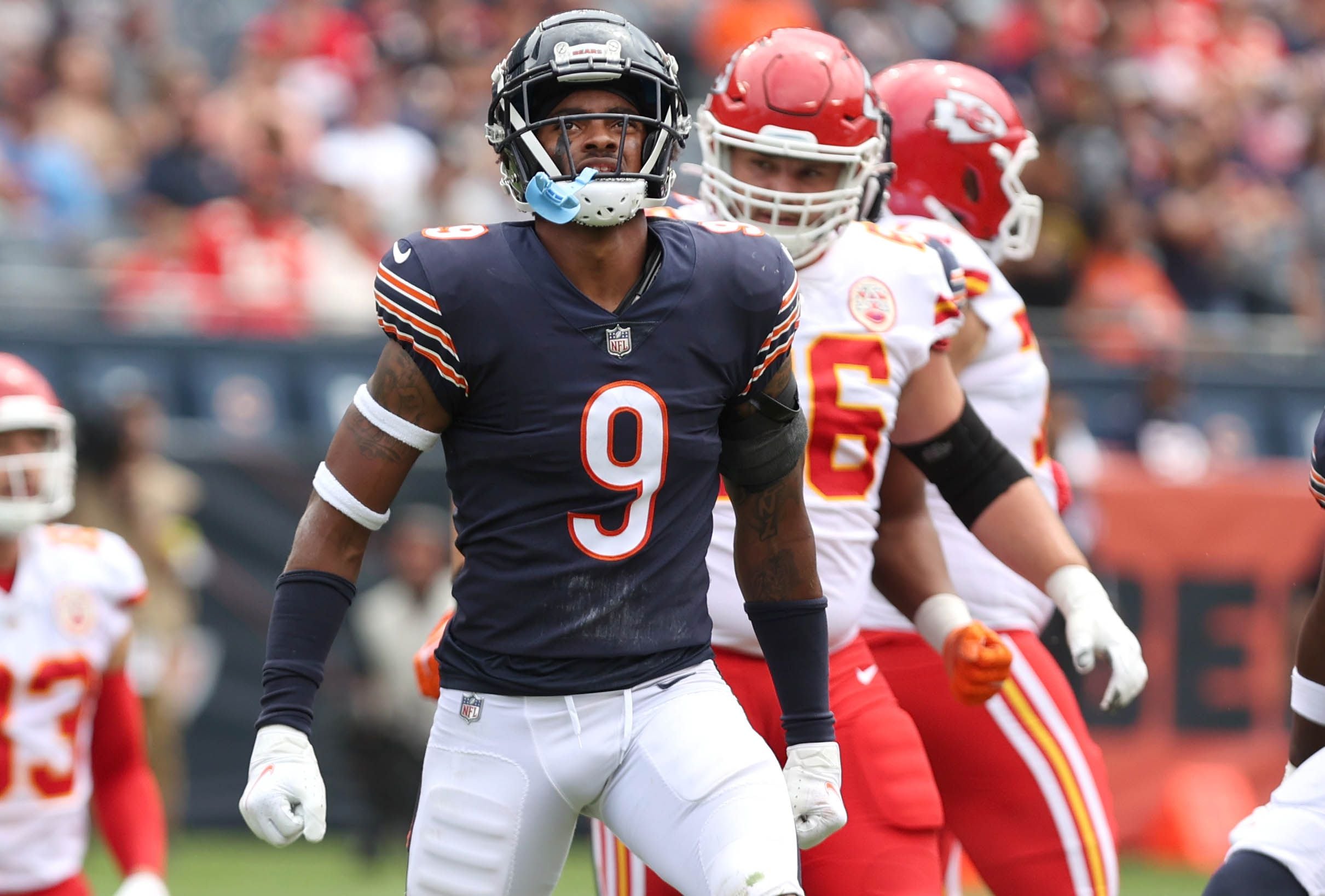 Chicago Bears safety Jaquan Brisker (9) and safety Eddie Jackson