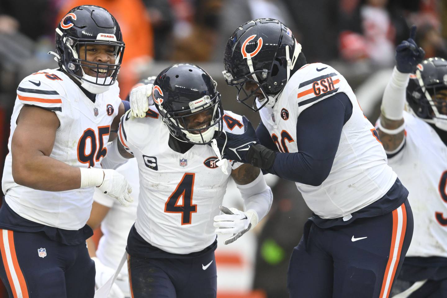 Chicago Bears safety Eddie Jackson celebrates an interception in the first half against the Cleveland Browns in Cleveland, Sunday, Dec. 17, 2023.