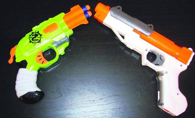 The Doublestrike (left) and the SharpFire (right) are both good Nerf guns, but the Doublestrike is more powerful and faster to reload.