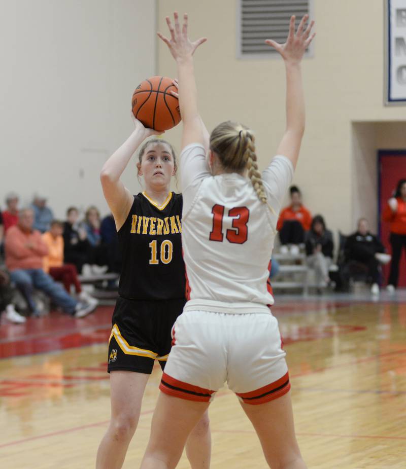 Riverdale's Molly Skahill (10) shoots over Stillman Valley's Mya Janssen (13) during a Tuesday. Feb. 20, 2024 game at the 2A Oregon Sectional held at the Blackhawk Center at Oregon High School. The Rams fell 57-34 to the Cardinals.