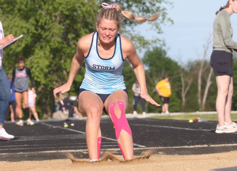 Bureau Valley's McKinley Canady does the triple jump during the Class 1A Sectional meet on Wednesday, May 8, 2024 at Bureau Valley High School.
