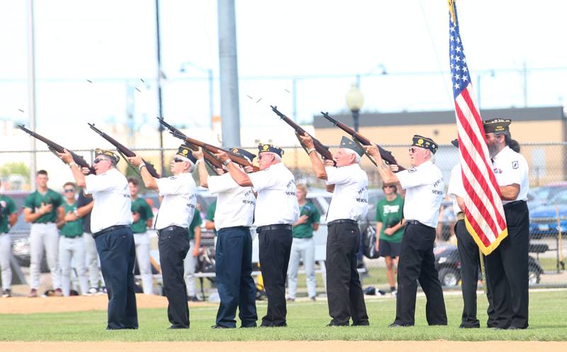 The Peru Veterans Memorial Group perform a gun salute on Wednesday, July 3, 2024 in Schweickert Stadium at Veterans Park in Peru. The Pistol Shrimp held their annual Salute to Veterans honoring local members who served in the military.