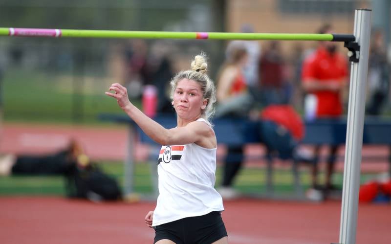 Wheaton Warrenville South’s Haylie Hinckley competes in the high jump during the DuKane Conference Girls Outdoor Championships at Lake Park in Roselle on Thursday, May 2, 2024.