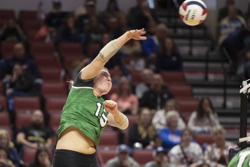 Rock Falls’ Claire Bickett spikes against Breese Mater Dei in the 2A state semifinal Friday, Nov. 10, 2023 at CEFCU Arena in Normal.