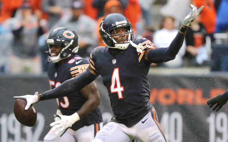 Chicago Bears safety Eddie Jackson celebrates his interception of a San Francisco 49ers quarterback Trey Lance pass setting up a Bears touchdown during their game Sunday, Sept. 11, 2022, at Soldier Field in Chicago.