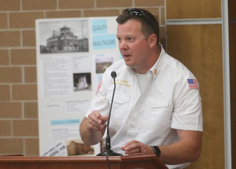 Ottawa Fire Chief Brian Bressner speaks to the Illinois Health Facilities and Services Review Board during a hearing on Thursday, June 13, 2024 at Central Intermediate School in Ottawa.