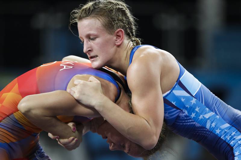 Haley Augello competes against Netherlands' Jessica Blaszk during the the 2016 Summer Olympics in Rio de Janeiro, Brazil.