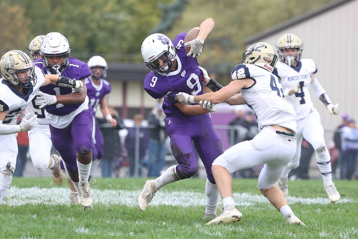 Wilmington’s Ryan Kettman sheds a Mercer County tackler in round 1 of the Class 2A playoffs on Saturday, Oct. 28, 2023 in Wilmington.