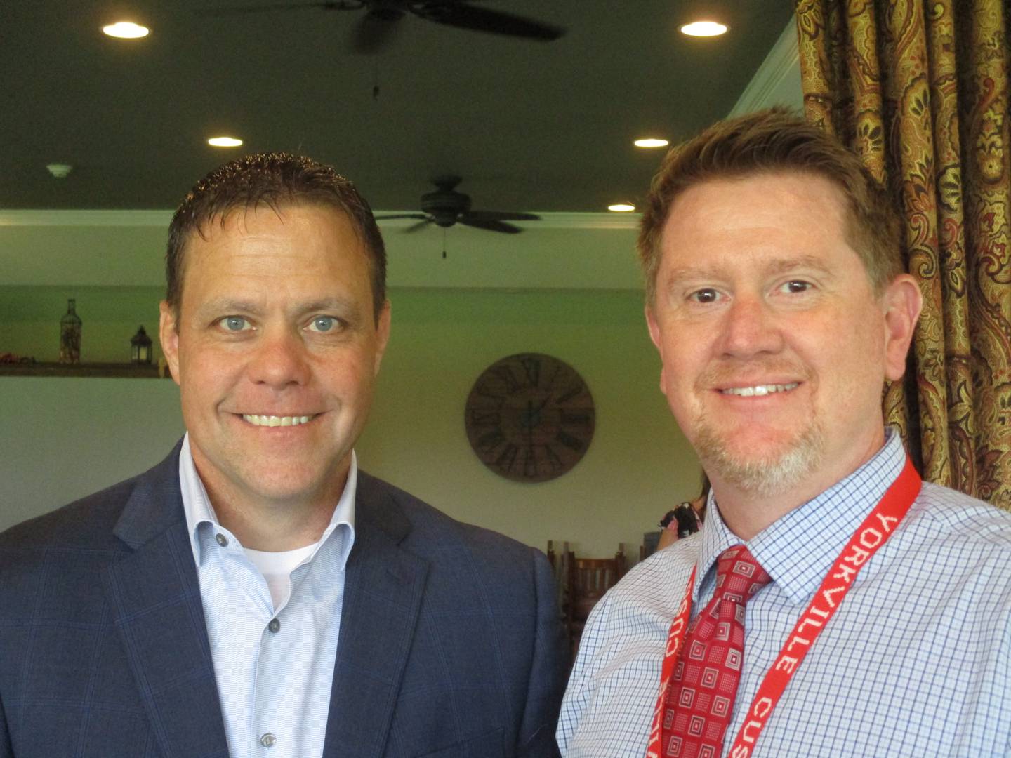 Yorkville School District Y115 Superintendent Tim Shimp, left, and district Director of Marketing and Storytelling Brent Edwards appeared at the Yorkville Chamber of Commerce luncheon on Aug. 9, 2022.