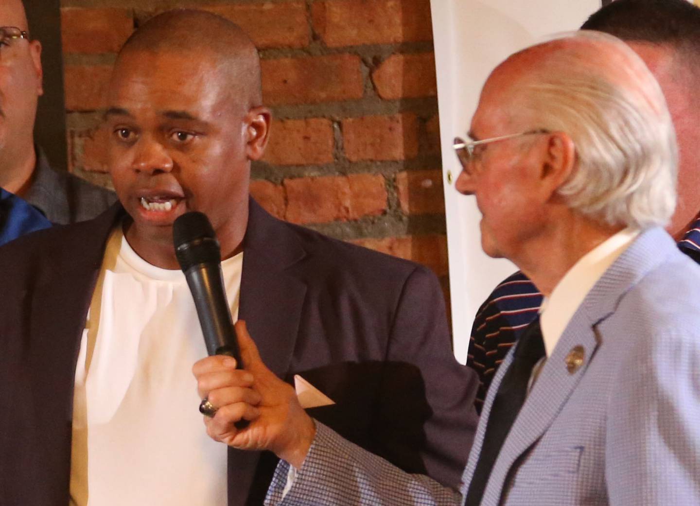 Former 1987-1988 IVCC Mens basketball player Corey Akers is interviewed by Lanny Slevin during the Illinois Valley Sports Hall of Fame awards banquet on Thursday, June 6, 2024 at the Auditorium Ballroom in La Salle.