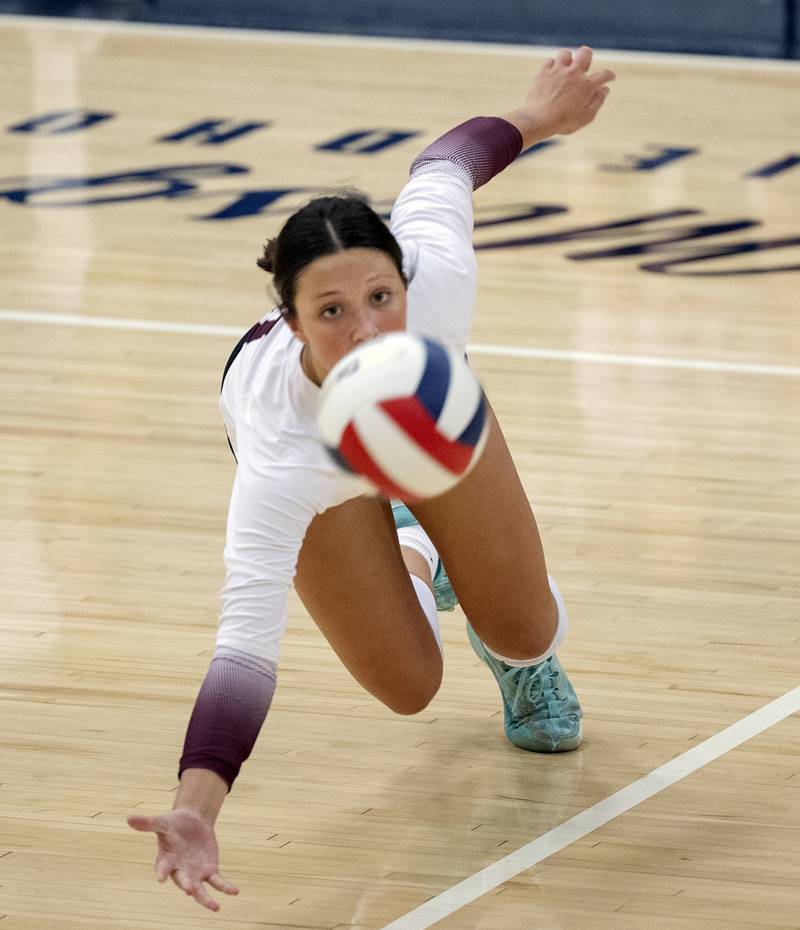 Moline’s Zoe Perez reaches for a shot Tuesday, Sept. 10, 2024, at Sterling High School.