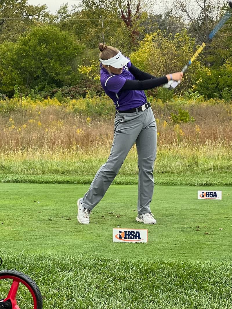 Dixon senior Katie Drew tees off, Friday, Oct. 6, 2023, during the Class 1A state tournament at Red Tail Run in Decatur.