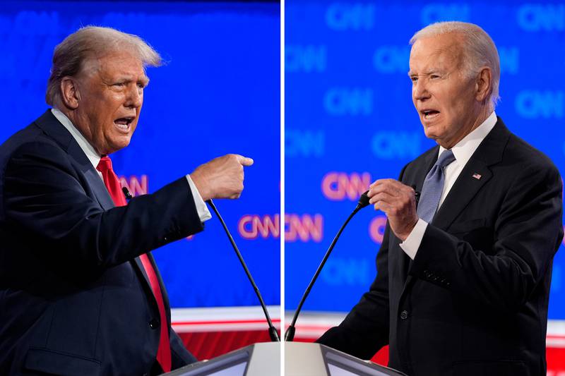 This combination of photos shows Republican presidential candidate former President Donald Trump, left, and President Joe Biden during a presidential debate hosted by CNN, Thursday, June 27, 2024, in Atlanta. (AP Photo/Gerald Herbert)