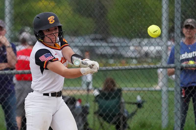 Batavia’s Mackenzie Krauch (19) slaps a double against Geneva during a softball game at Batavia High School on Wednesday, May 8, 2024.