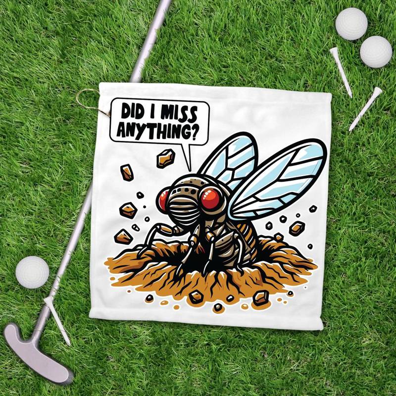 A mockup of a cicada golf towel on Tammy Maher of Cary's Etsy store.
