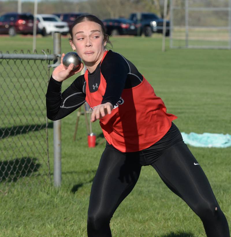 Erie-Prophetstown's Kennedy Buck throws the shot at the Ed Schmidt Invitational Track Meet at Erie High School on Friday, April 19, 2024.