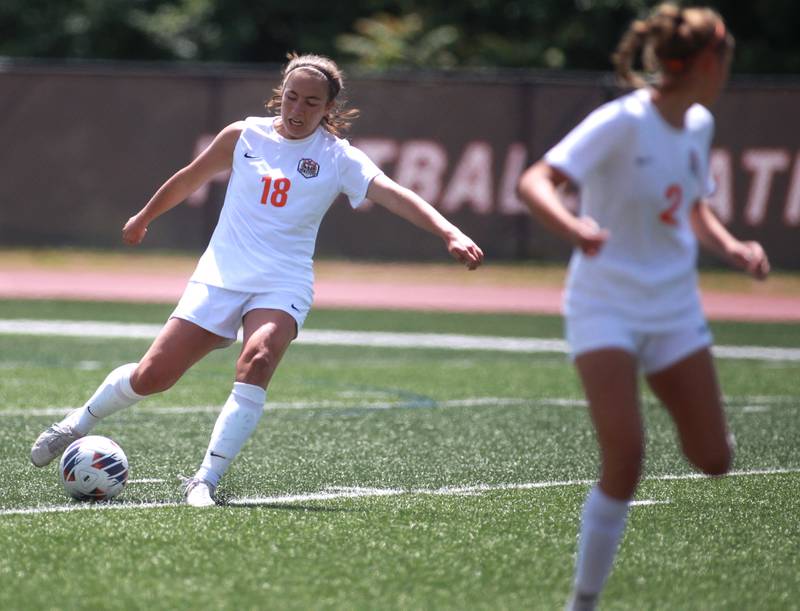 Crystal Lake Central’s Sadie Quinn kicks the ball during the Class 2A state semifinal game against Burlington Central at North Central College in Naperville on Friday, May 31, 2024.