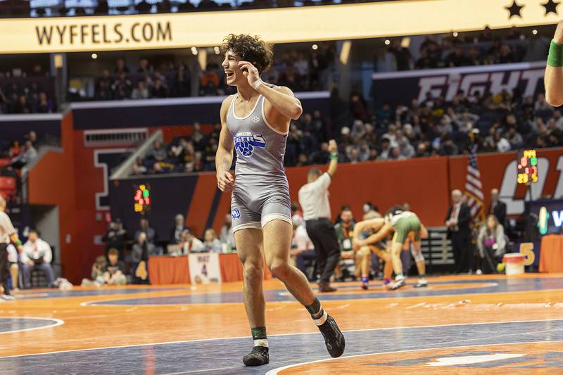 Princeton’s Ace Christiansen smiles after beating Sandwich’s Cooper Corder in the 138 pound 1A third place match Saturday, Feb. 17, 2024 at the IHSA state wrestling finals at the State Farm Center in Champaign.