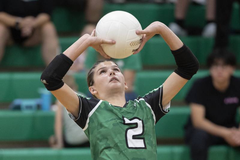 Rock Falls’ Kaltrina Lecaj sets the ball against Dunlap Thursday, Aug. 29, 2024, at Rock Falls High School.