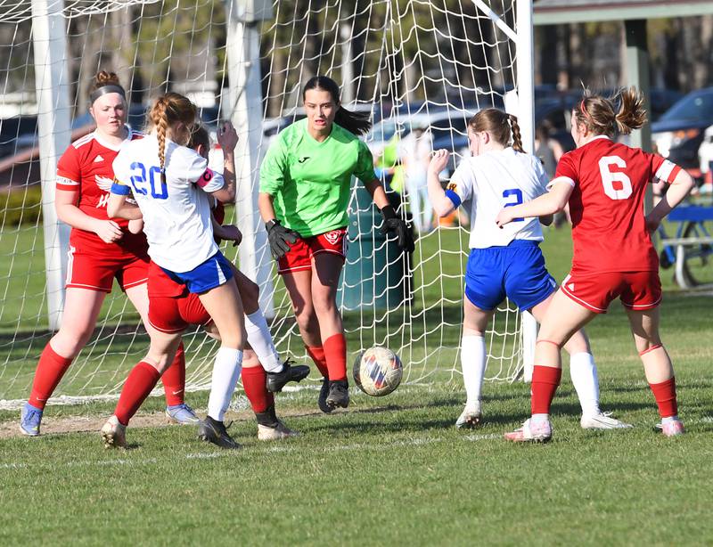 Oregon goalkepper Sarah Eckardt zeroes in on the ball during an April 10 game with Hinckley Big Rock at Oregon Park West.