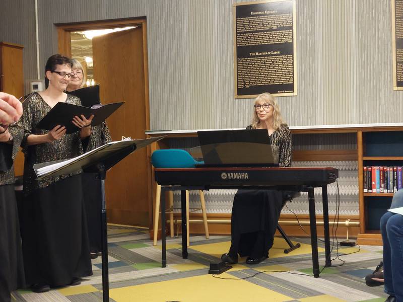 A piano accompanies the Prairie Singers on Tuesday, April 4, 2024, during their spring concert at the Streator Public Library.