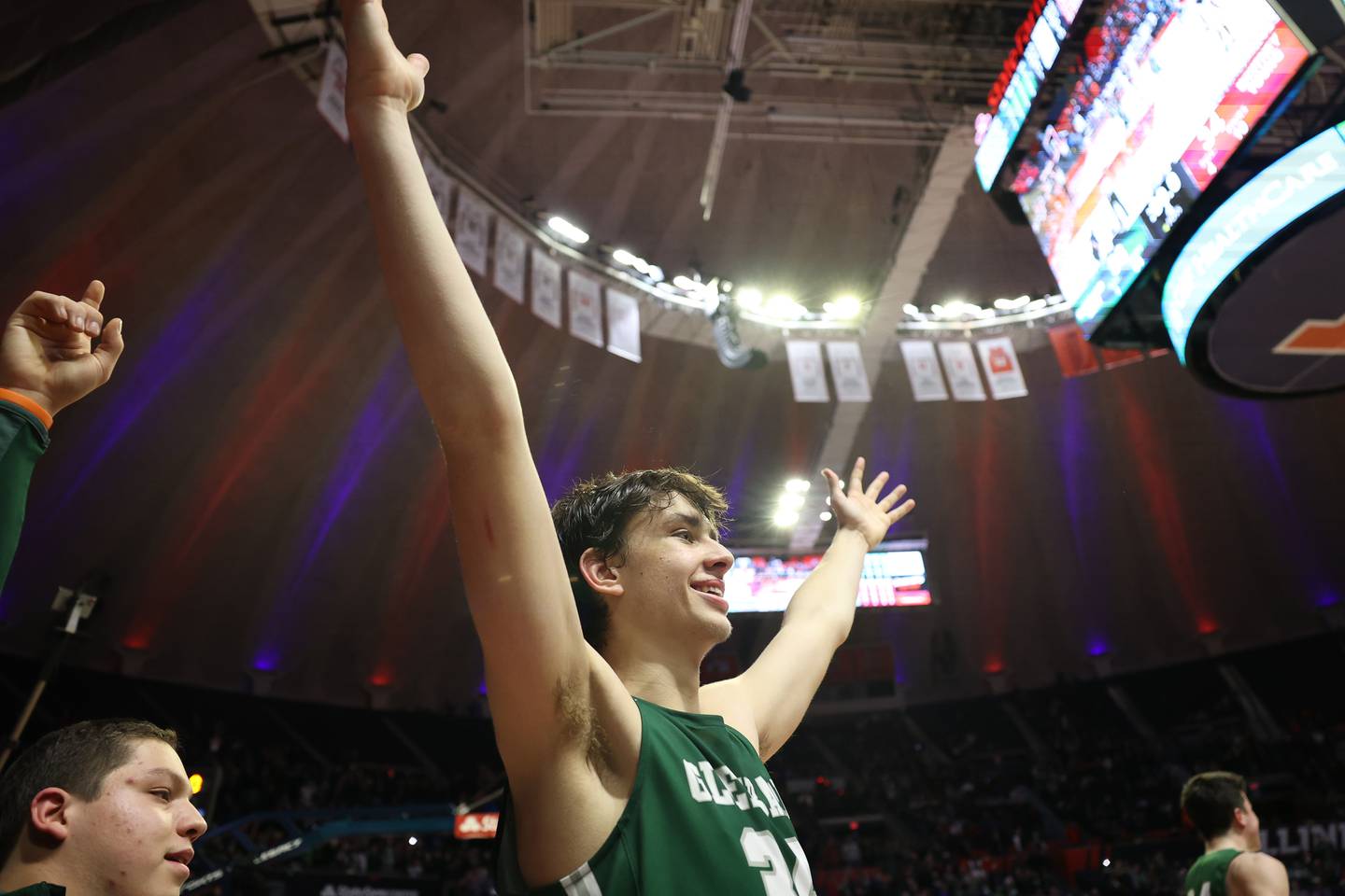 Glenbard West’s Braden Huff celebrates as time expires in their 56-34 win over Whitney Young in the Class 4A championship game at State Farm Center in Champaign. Saturday, Mar. 12, 2022, in Champaign.