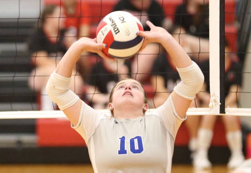 Princeton's Makayla Hecht sets the ball in play on Tuesday, Sept. 17, 2024 at Hall High School.