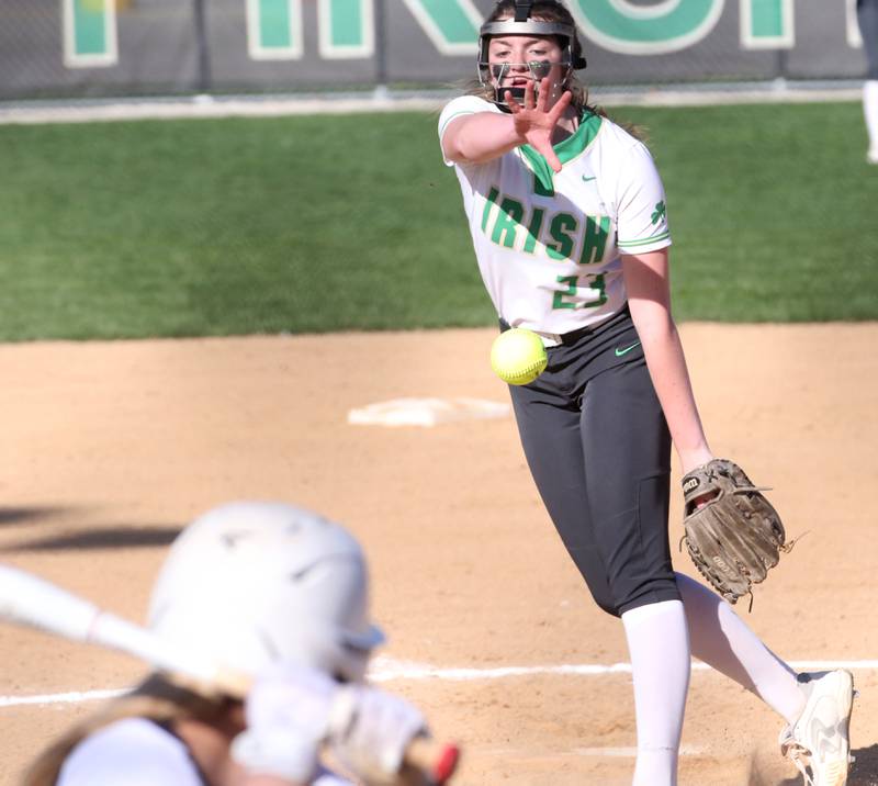 Seneca's Tessa Krull lets go of a pitch to Putnam County on Thursday April 13, 2023 at Seneca High School.