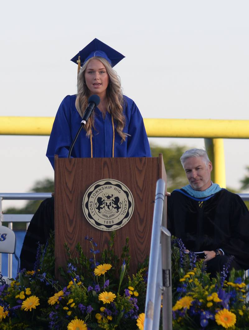 President of Lyons Township 2024 class, Keira Petrusha  gives the presentation of the class gift during the graduation ceremony Wednesday May 29, 2024.