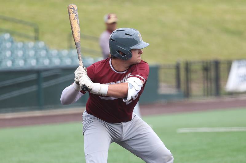 Morris’ Griffin Zweeres locks in on a pitch against Highland in the IHSA Class 3A 3rd place game on Saturday June 8, 2024 Duly Health and Care Field in Joliet.